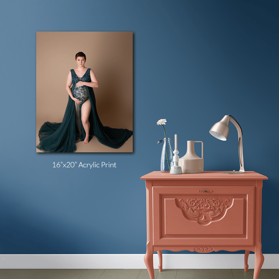 Maternity wall art featuring gorgeous mama with short hair and a green gown